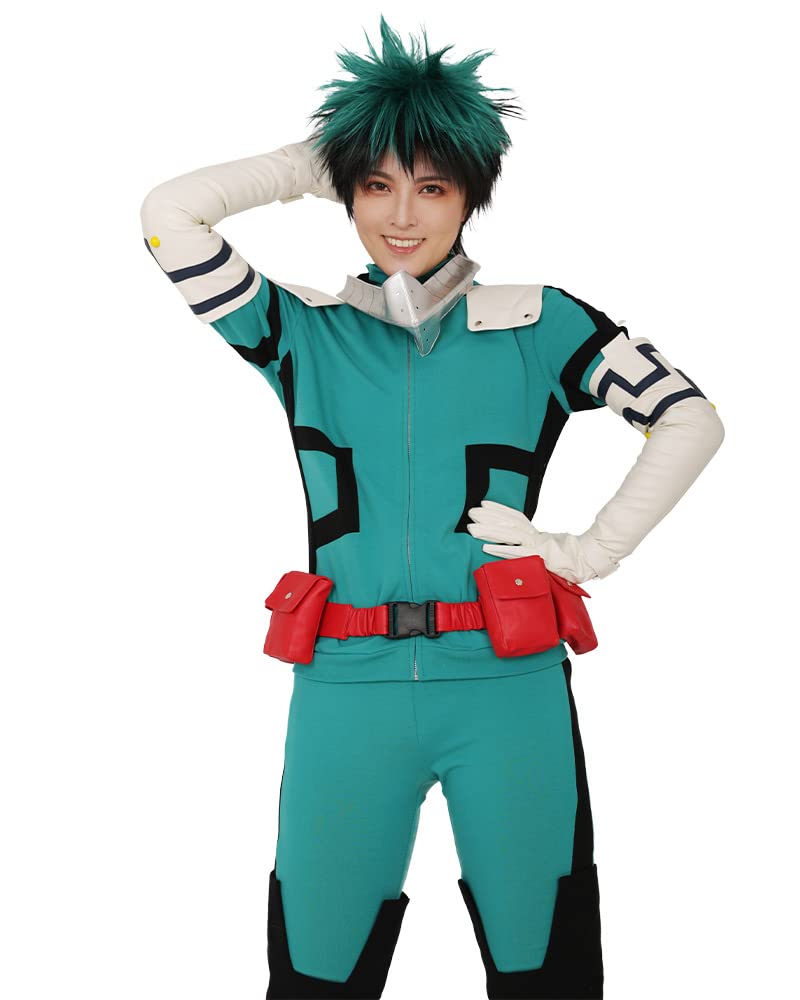 miccostumes Men's Costume Anime Hero Cosplay Green Fighting Suit Green Full-body Jumpsuit With red belt And Knee Pads (S) - Image 4